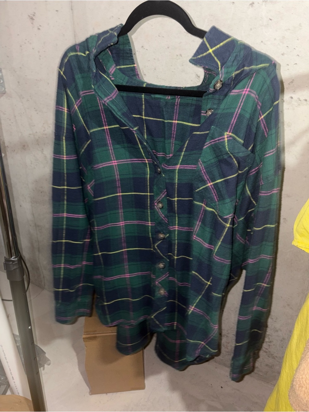 Maurices Green and Navy Plaid Button-Down Shirt with Pink & Yellow Accents
